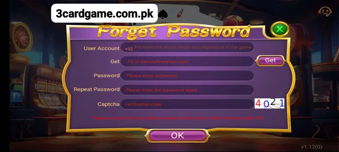 password reset interface of 3 card game